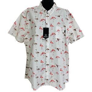 Molokai Mens XXL Button Up Collar Flamingo Short Sleeve Pink White Tropical New